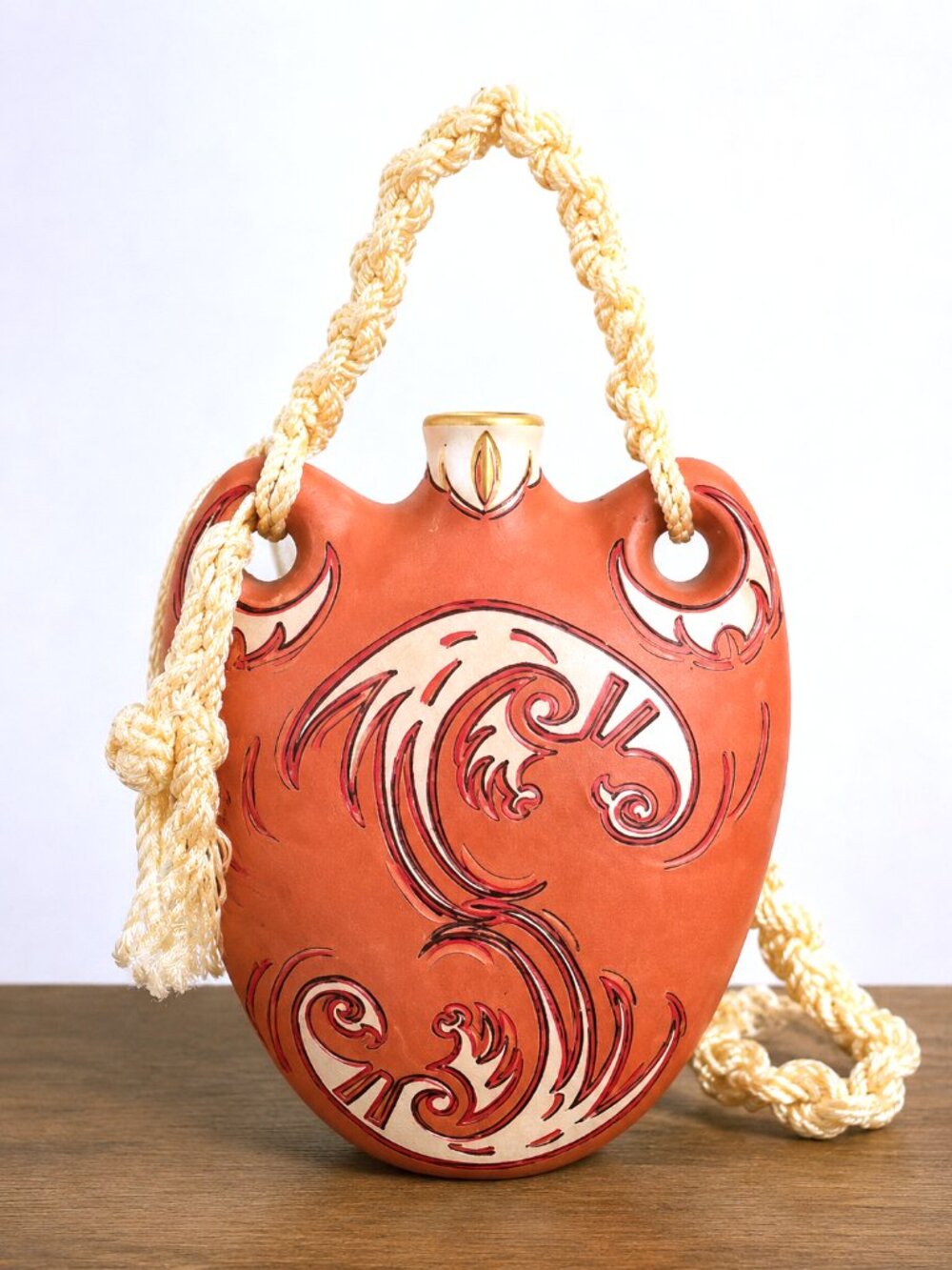 Vintage Southwestern Ceramic Canteen Wall Hanging Terracotta Rope 10 Inch